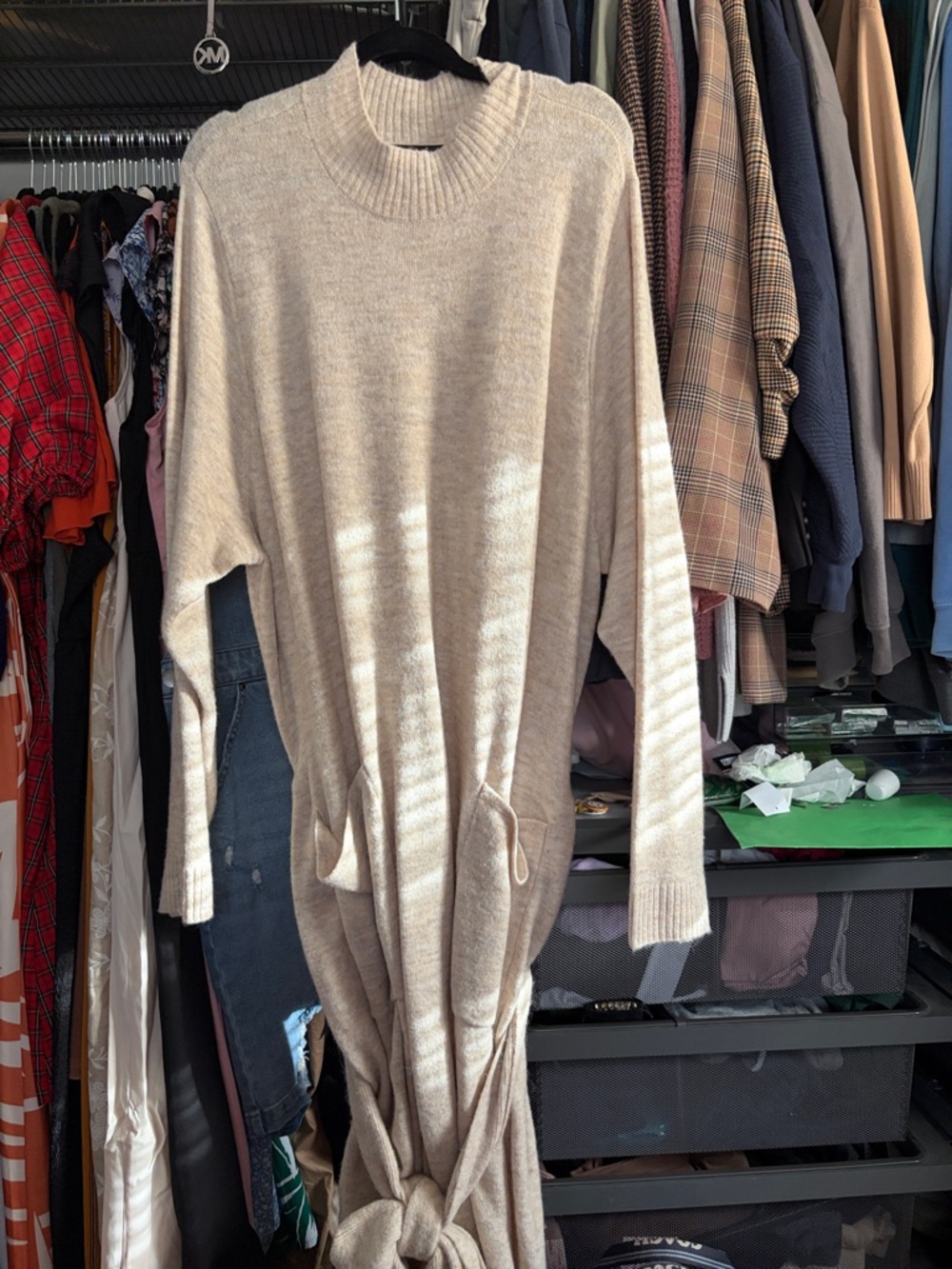 Lane Bryant Beige Knit Midi Dress with Tie Detail